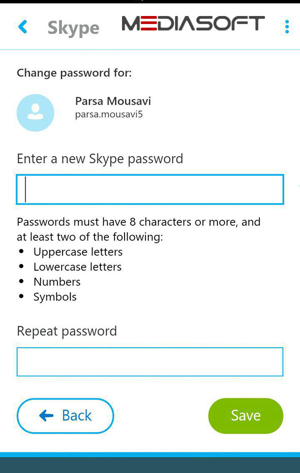 مدیاسافت - تغییر رمز عبور اسکایپ